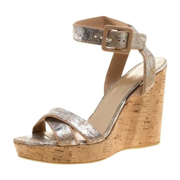 𝅺Stuart Weitzman silver/nude Leather Cork wedges - Picture 1 of 7